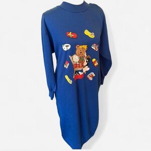Vintage 1980’s Teddy Bear Plush Blue Long Sweatshirt Dress Women’s Sz M